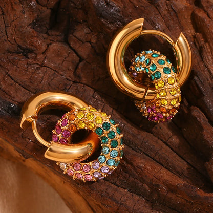 Colorful Luxury Rhinestone Hoop Earrings Exaggerate 18K Gold Plated 316L Stainless Steel Female Jewelry for Party