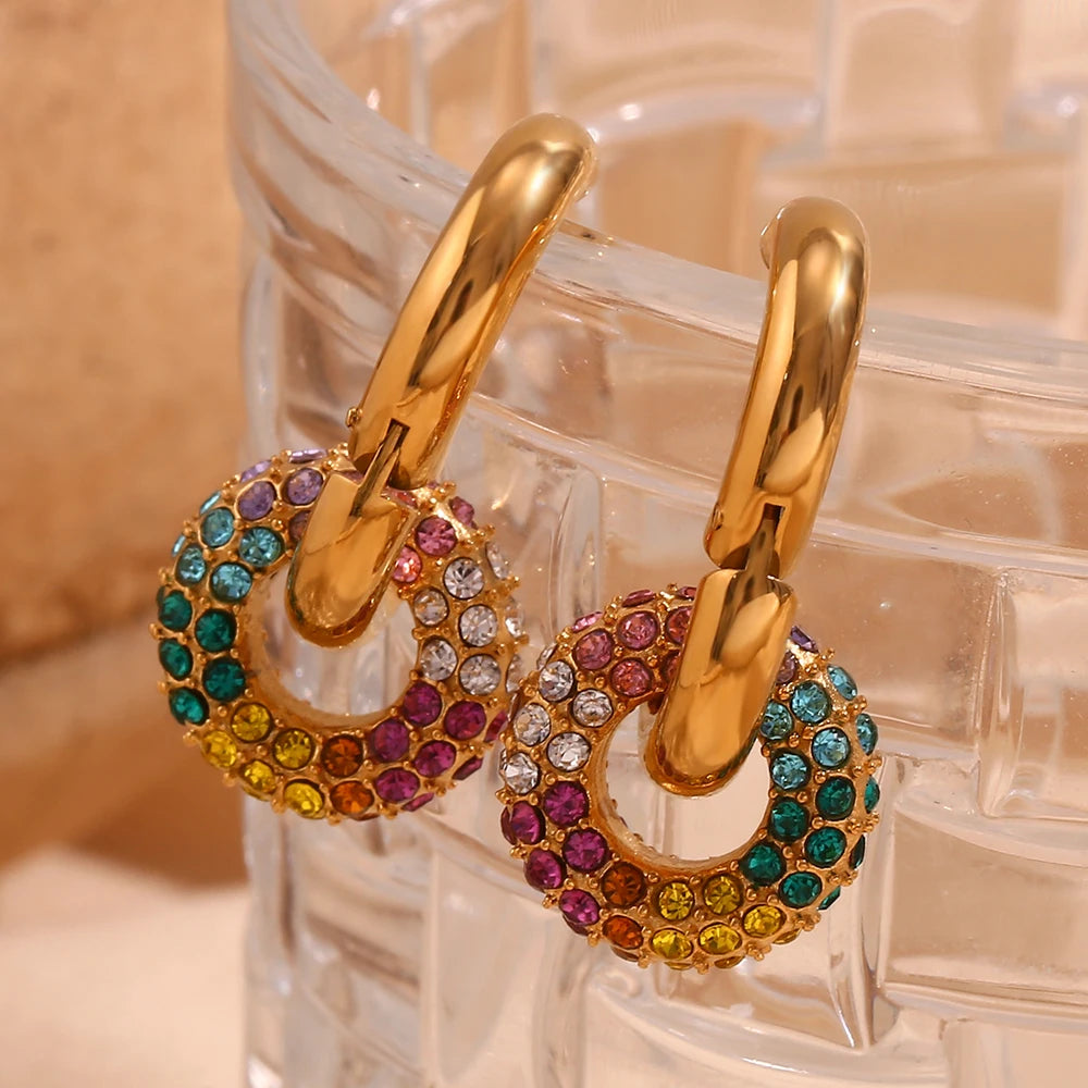 Colorful Luxury Rhinestone Hoop Earrings Exaggerate 18K Gold Plated 316L Stainless Steel Female Jewelry for Party