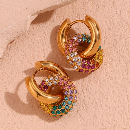 Colorful Luxury Rhinestone Hoop Earrings Exaggerate 18K Gold Plated 316L Stainless Steel Female Jewelry for Party